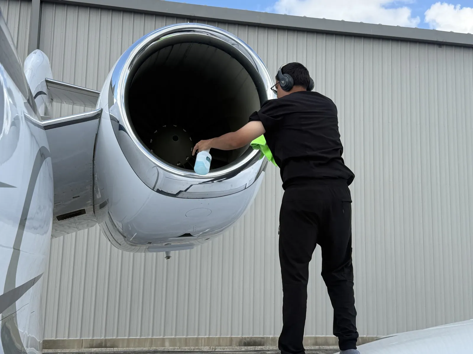 Detailing a private jet engine intake and chrome cowling
